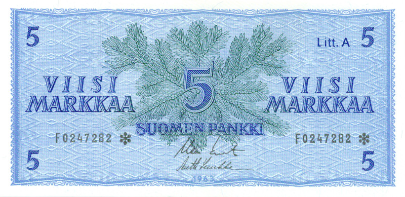 5 Markkaa 1963 Litt.A F0247282* kl.8